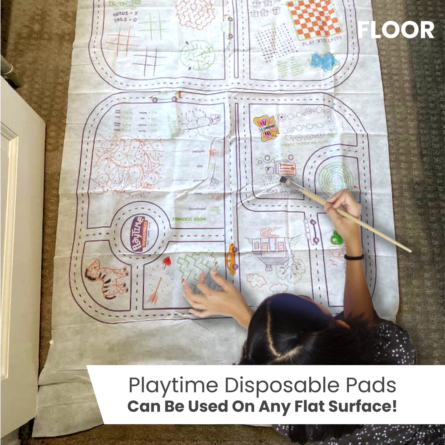 Playtime Disposable Activity Fitted Play Pad. Over 35 fun interactive activities to play, color & doddle on. Turn any surface area into hours of fun. Includes 3-colorful crayons and one toy car.