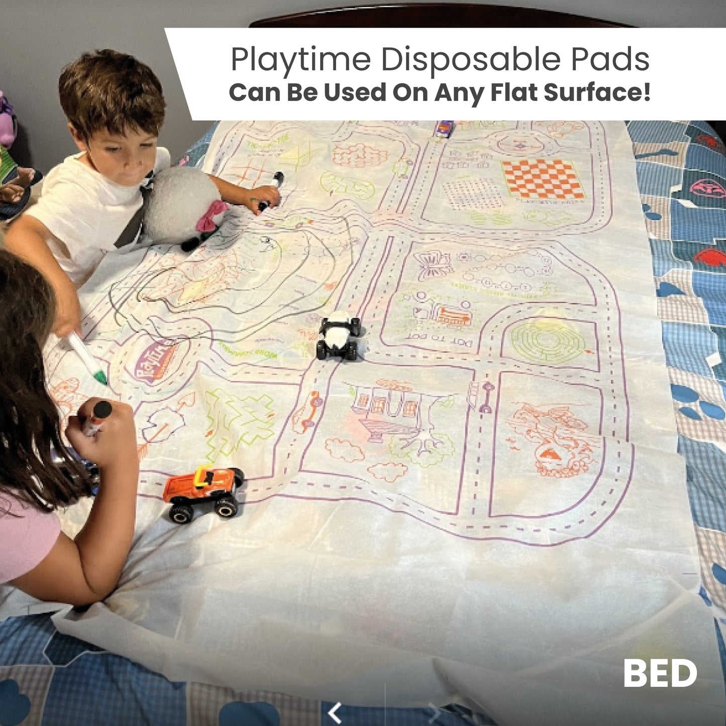 Playtime Disposable Activity Fitted Play Pad. Over 35 fun interactive activities to play, color & doddle on. Turn any surface area into hours of fun. Includes 3-colorful crayons and one toy car.