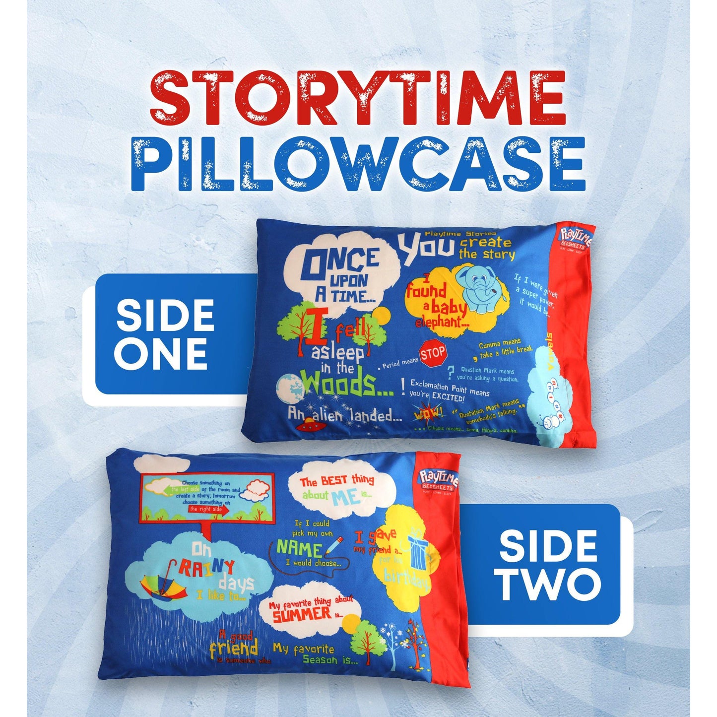 Playtime Story-Time Pillowcase with Over 20 Starter Sentences and Images. Ultra Soft 75 GSM Microfiber. (Pink) (Blue) (Gender-Neutral) - Playtime Bed Sheets and Slumber Bags