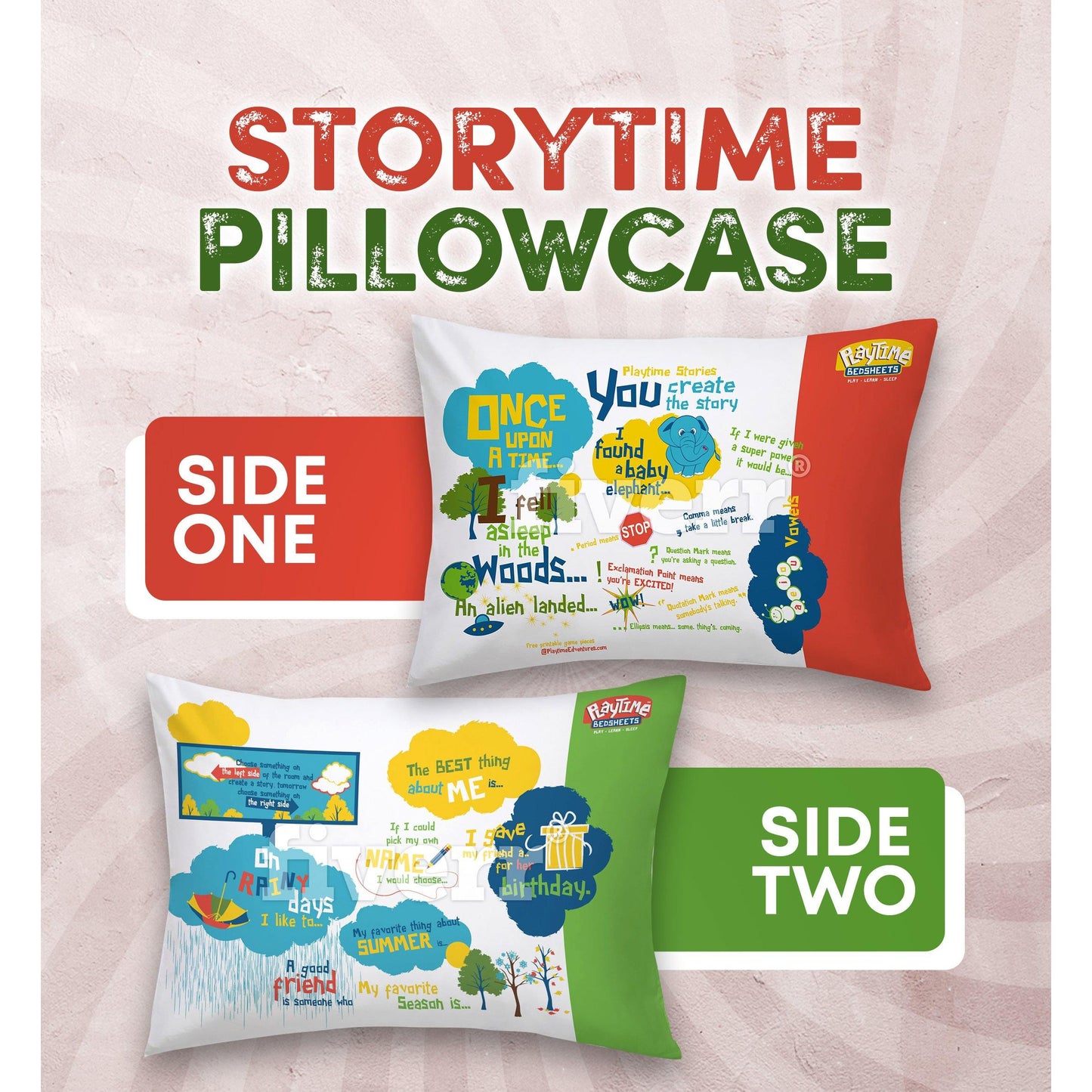 Playtime Story-Time Pillowcase with Over 20 Starter Sentences and Images. Ultra Soft 75 GSM Microfiber. (Pink) (Blue) (Gender-Neutral) - Playtime Bed Sheets and Slumber Bags