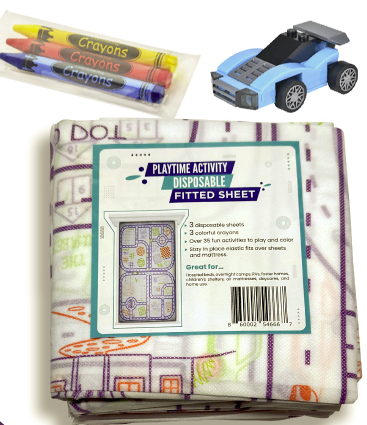 Playtime Disposable Activity Fitted Play Pad. Over 35 fun interactive activities to play, color & doddle on. Turn any surface area into hours of fun. Includes 3-colorful crayons and one toy car.