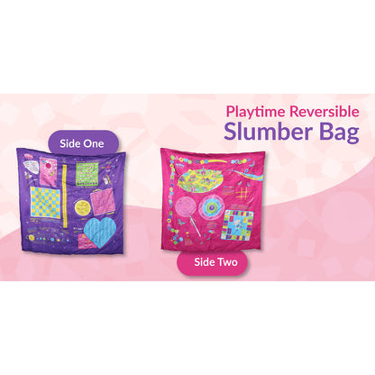 Playtime Reversible Slumber Bag, Play Mat & Bed Cover. Over 35 Interactive Fun Games, Puzzles and Game Pieces. 100% Cotton. (Pink/Purple)
