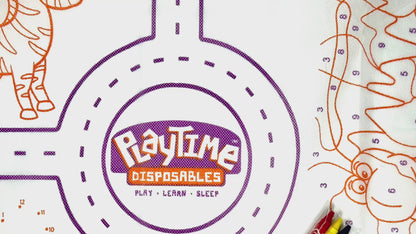 Playtime Disposable Activity Fitted Play Pad. Over 35 fun interactive activities to play, color & doddle on. Turn any surface area into hours of fun. Includes 3-colorful crayons and one toy car.