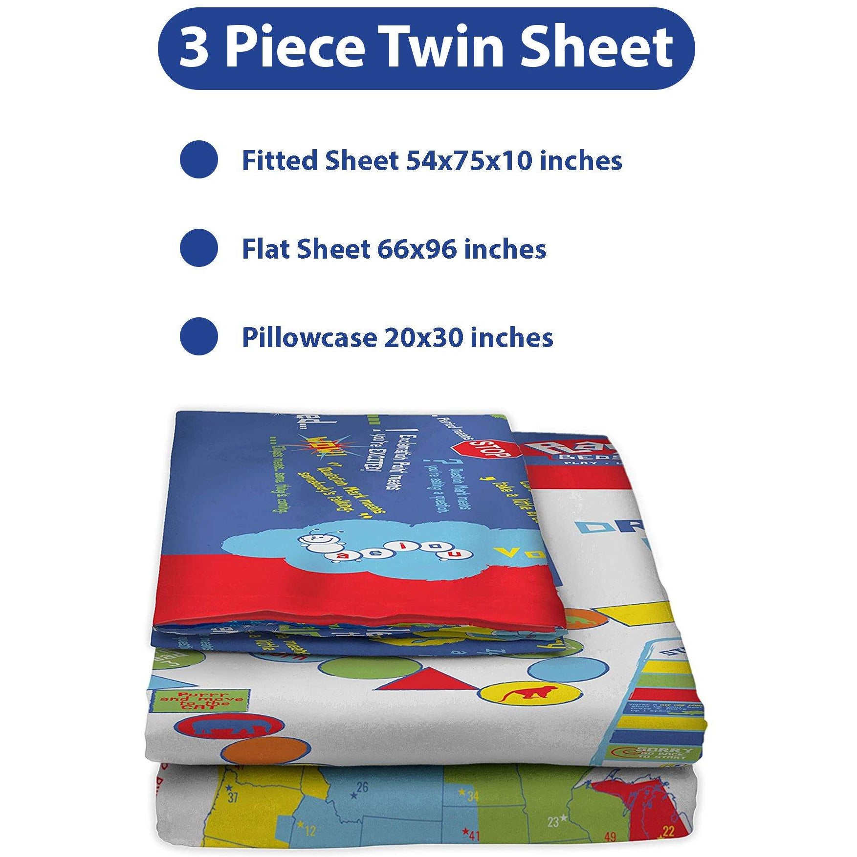 Playtime Bed Sheets Twin Set! Over 50 Fun Interactive Games & Puzzles. Ultra Soft Microfiber 3-Piece Set (Blue). - Playtime Bed Sheets and Slumber Bags
