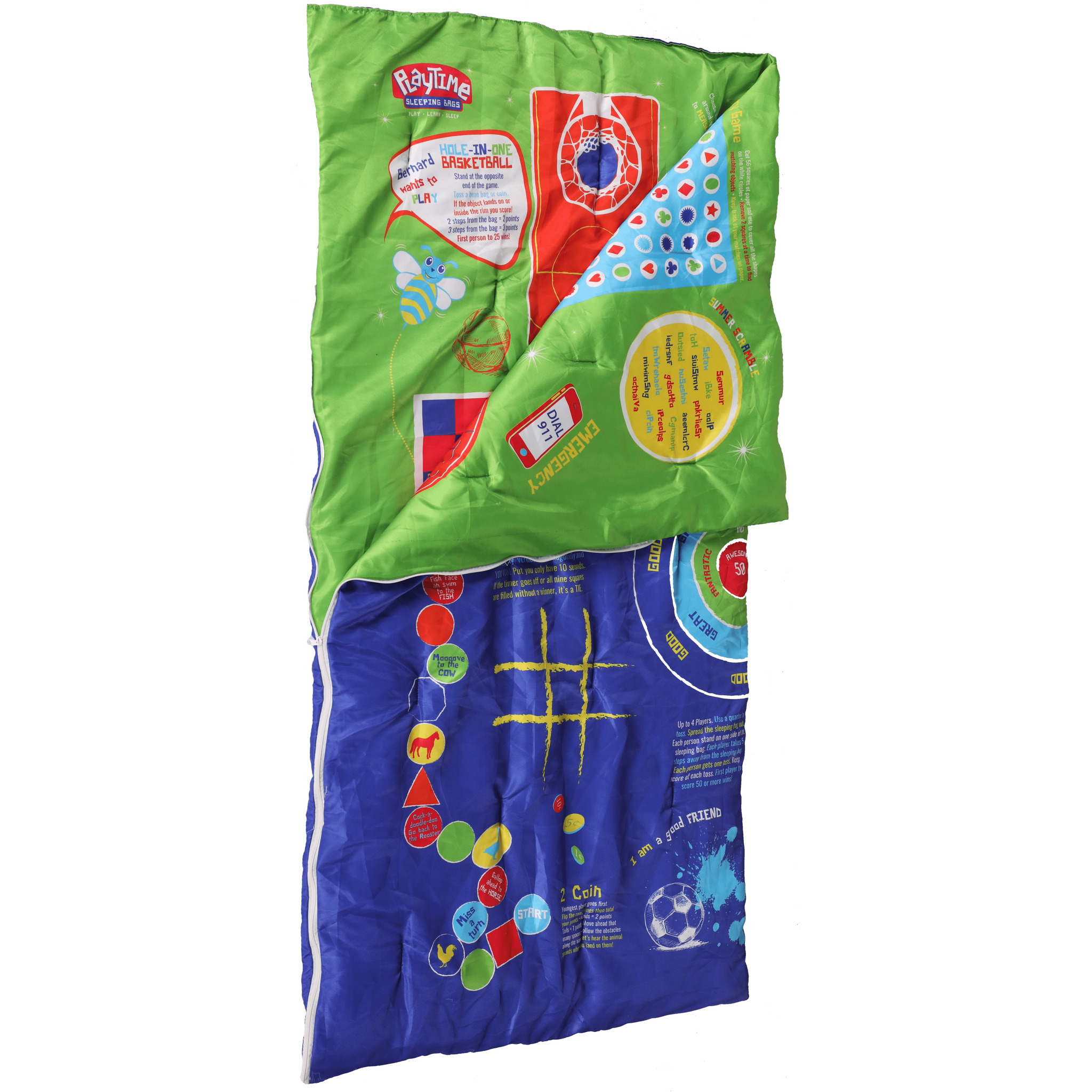 Playtime Reversible Slumber Bag, Play Mat & Bed Cover. Over 35 Interactive Fun Games, Puzzles and Game Pieces. 100% Cotton. (Blue/Green)