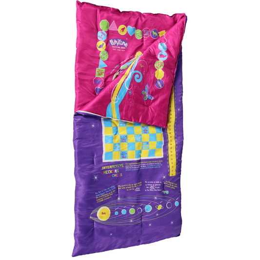 Playtime Reversible Slumber Bag, Play Mat & Bed Cover. Over 35 Interactive Fun Games, Puzzles and Game Pieces. 100% Cotton. (Pink/Purple)