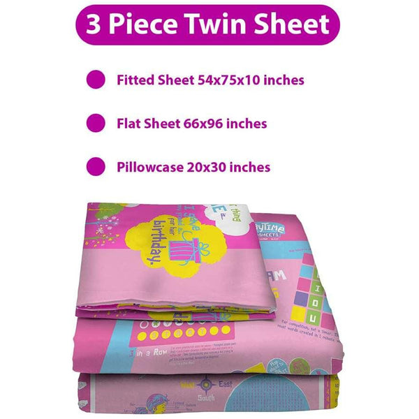 Playtime Bed Sheets Twin Set! Over 50 Fun Interactive Games & Puzzles. Ultra Soft Microfiber 3-Piece Set (Pink). - Playtime Bed Sheets and Slumber Bags