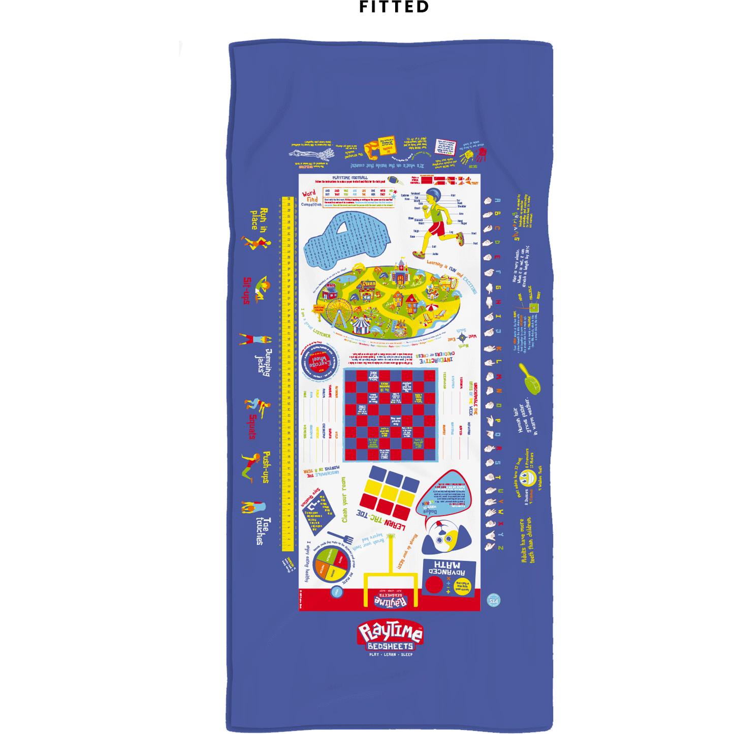 Playtime Bed Sheets Twin Blue - 3 PCs Cozy Super Soft - Breathable & Fade Resistant Microfiber Sheets - Has Over 65 Fun Printed Games & Puzzles -12inch Deep Pockets.