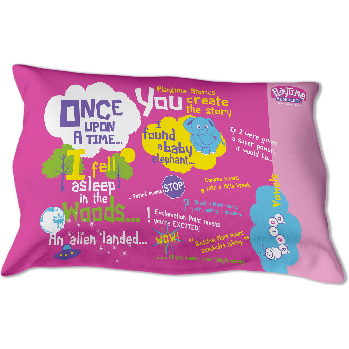 Playtime Story-Time Pillowcase with over 20 starter sentences and Images. Ultra-soft microfiber.