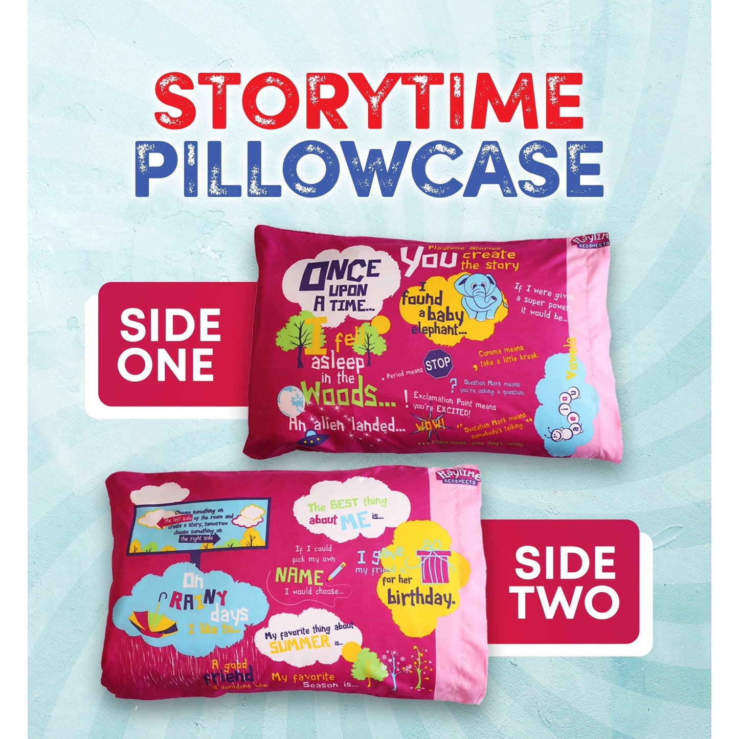 Playtime Story-Time Pillowcase with Over 20 Starter Sentences and Images. Ultra Soft 75 GSM Microfiber. (Pink) (Blue) (Gender-Neutral) - Playtime Bed Sheets and Slumber Bags